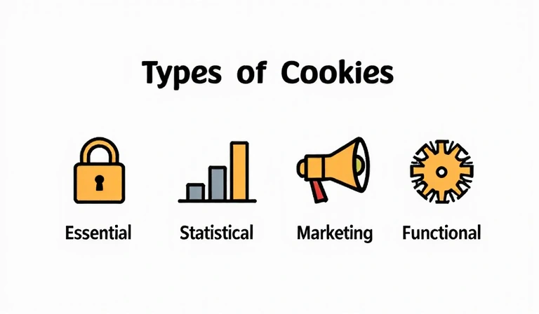Εικόνα που δείχνει διαφορετικούς τύπους cookies, όπως απαραίτητα, στατιστικά, μάρκετινγκ και λειτουργικά, με εικονίδια που τα αντιπροσωπεύουν